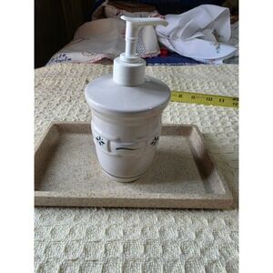 Longaberger Pottery Woven Traditions Ivory Soap Dispenser and Tray Set Green
